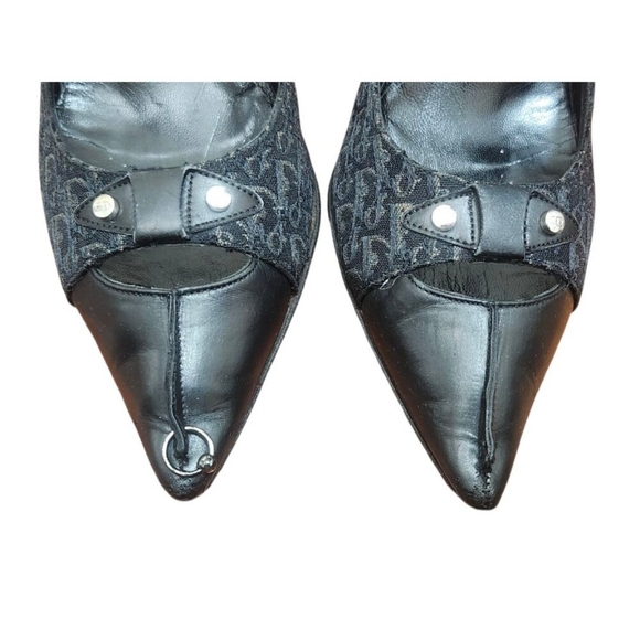 Christian Dior Monogram Heels 36 Black Logo Canvas Leather Pointed Toe Pumps - Picture 3 of 14